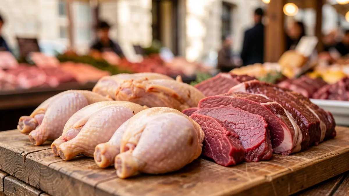 Image of fresh meat products such as chicken and beef.