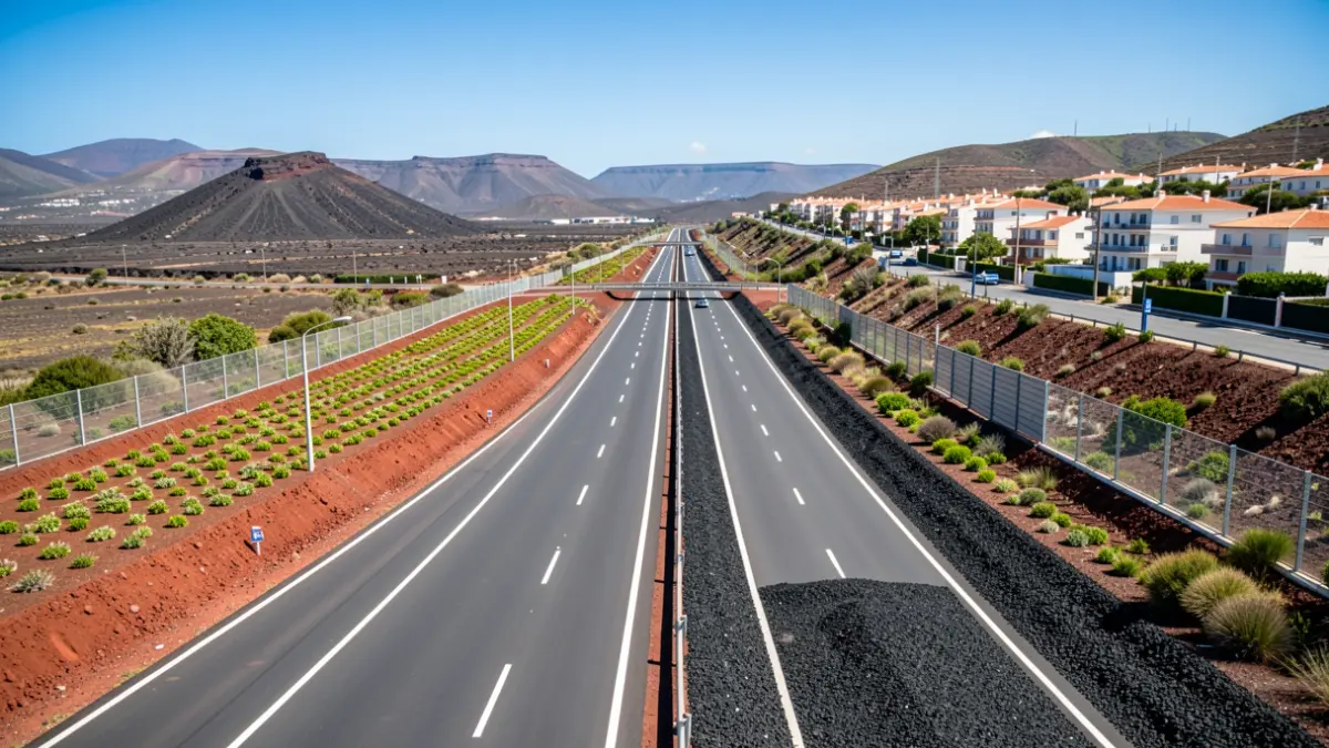 Aerial view of Arrecife's ring road showing the transformation of its margins with black gravel and vegetation.