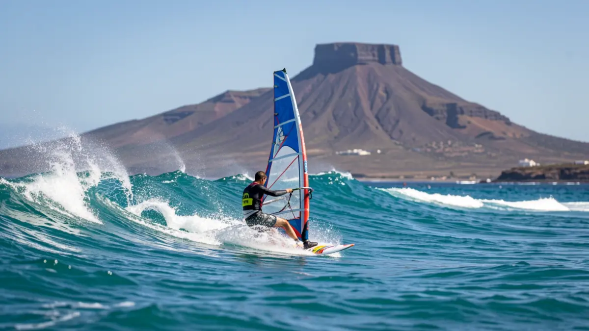 Tabla de windsurf surfeando una ola en El Cabezo, Tenerife, con el paisaje volcánico de fondo.