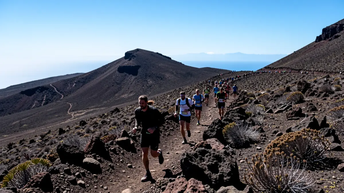 Generic image of trail runners in a volcanic landscape of Lanzarote.
