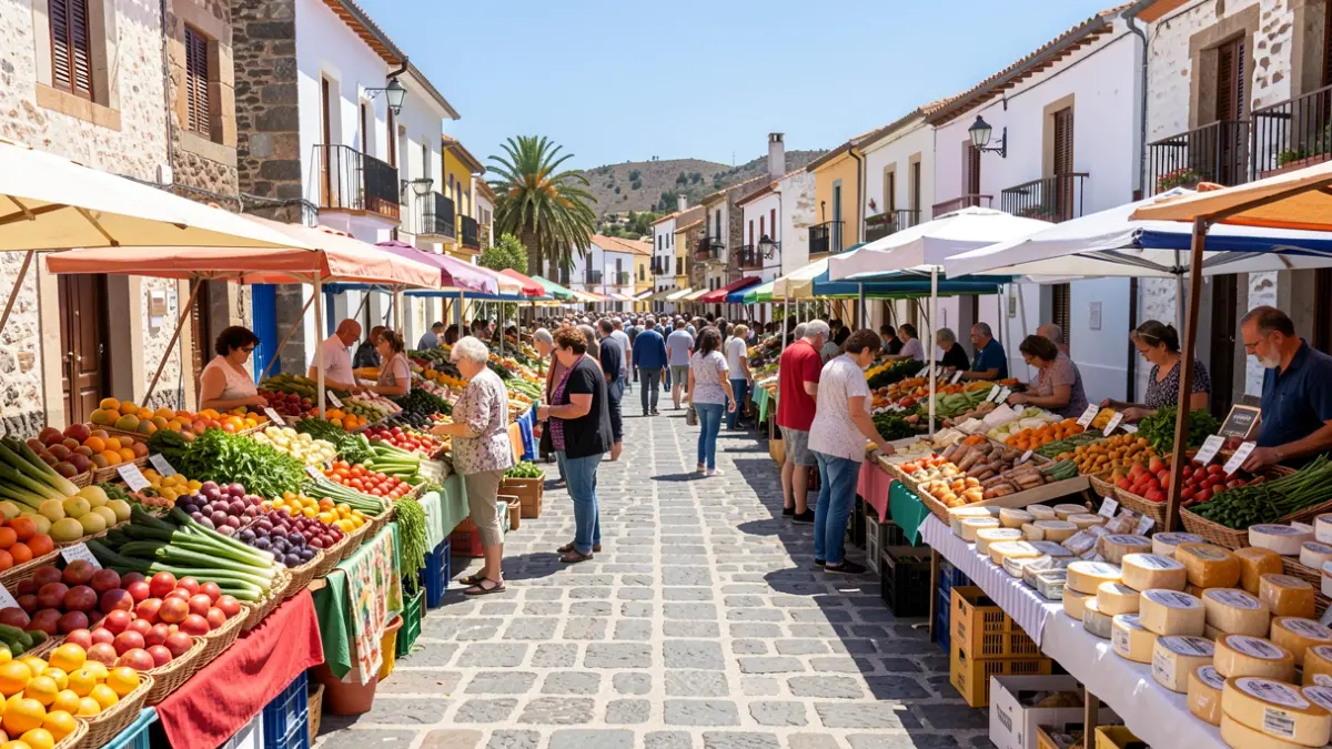 Image of the KM.0 Fair in Fontanales, Moya, with stalls of local products and visitors.