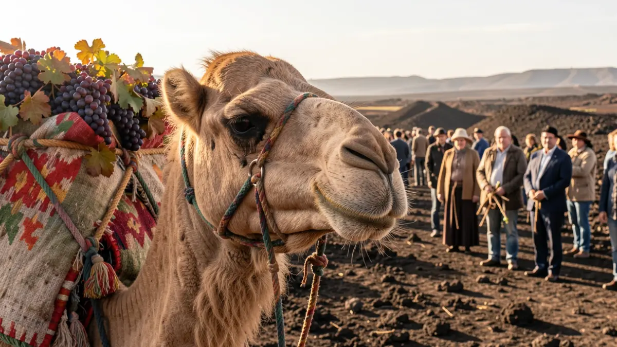 Imagen de un camello durante la vendimia tradicional en La Geria, Lanzarote.