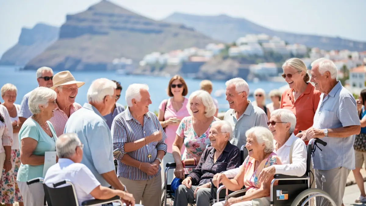 Generic image of a diverse group of elderly people and people with disabilities enjoying a trip in a sunny environment.