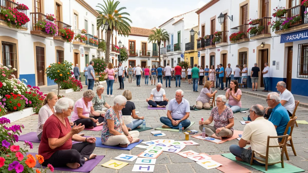 Generic image of a Canarian town square with activities for seniors.