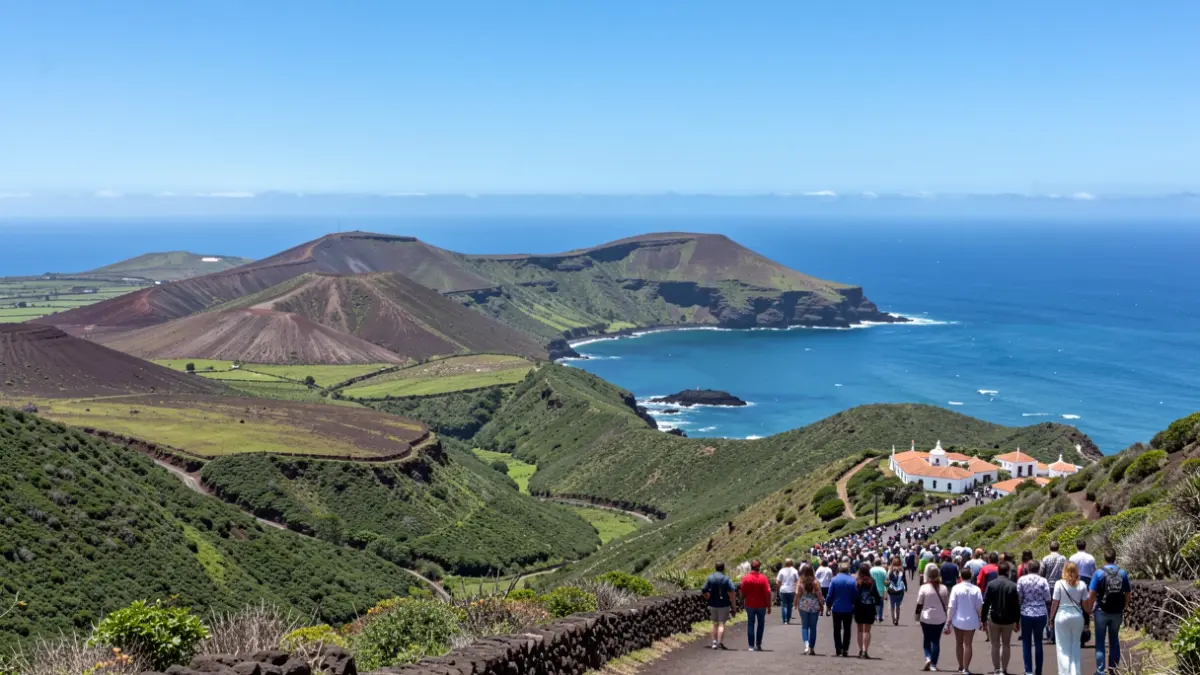 Landscape of La Gomera island with views of the Atlantic Ocean and traditional architecture.