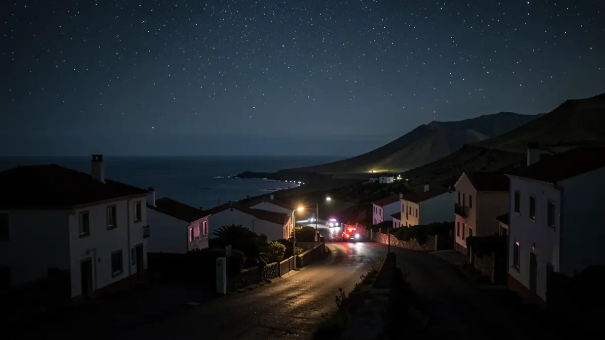 Image of an electrical blackout on La Graciosa, with dark streets and emergency lights.