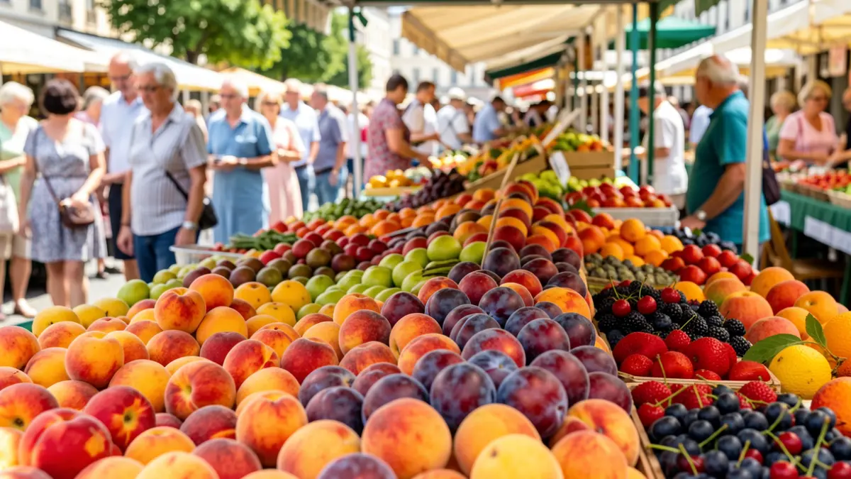Puesto de mercado de agricultores lleno de frutas de verano coloridas.