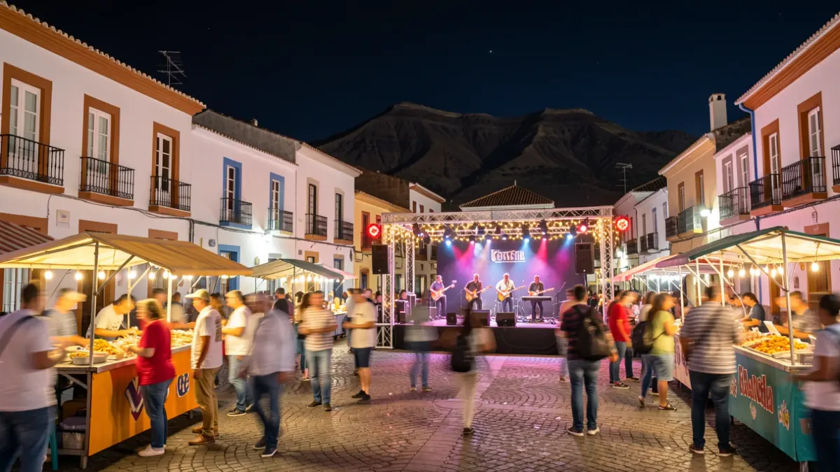 Generic image of a nighttime gastronomic fair in La Guancha, Tenerife, with food stalls, music, and a festive atmosphere.