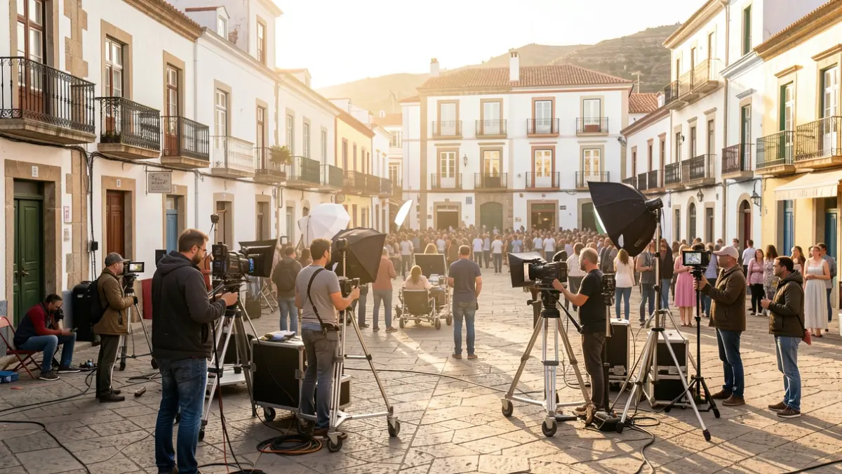 Equipo de rodaje trabajando en una plaza histórica de Canarias.