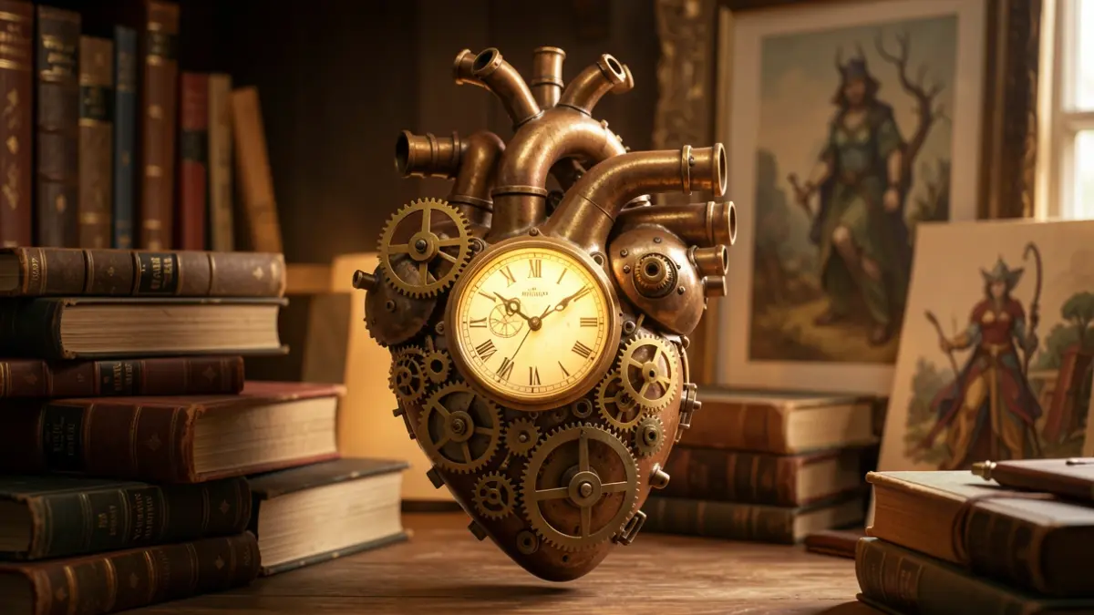 Corazón mecánico de estilo steampunk rodeado de libros.
