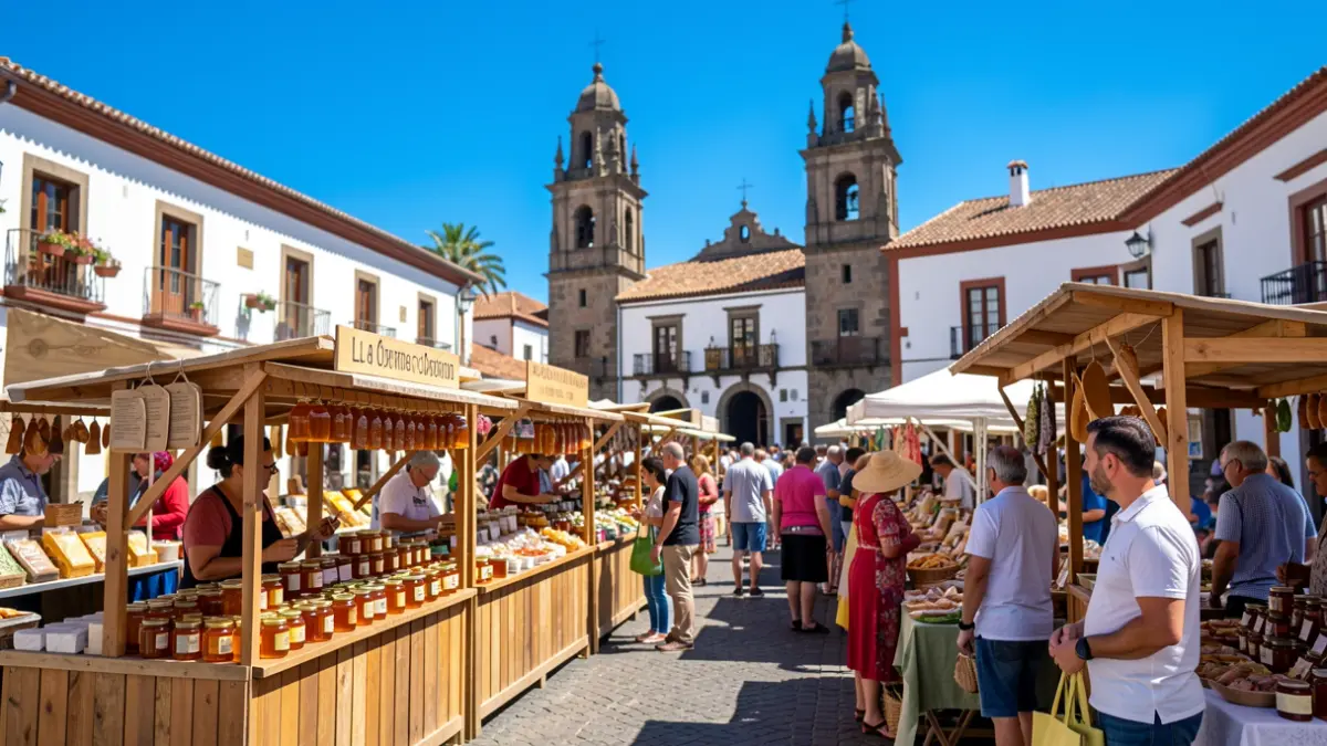Plaza de la Constitución de La Orotava durante la Feria de la Miel de Tenerife, con puestos de miel y productos locales.