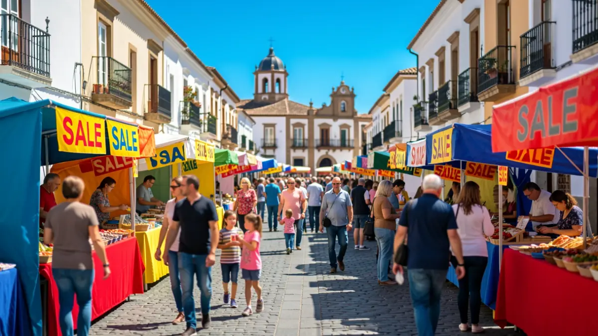 Imagen genérica de una calle de La Orotava animada por un evento comercial con puestos y gente.