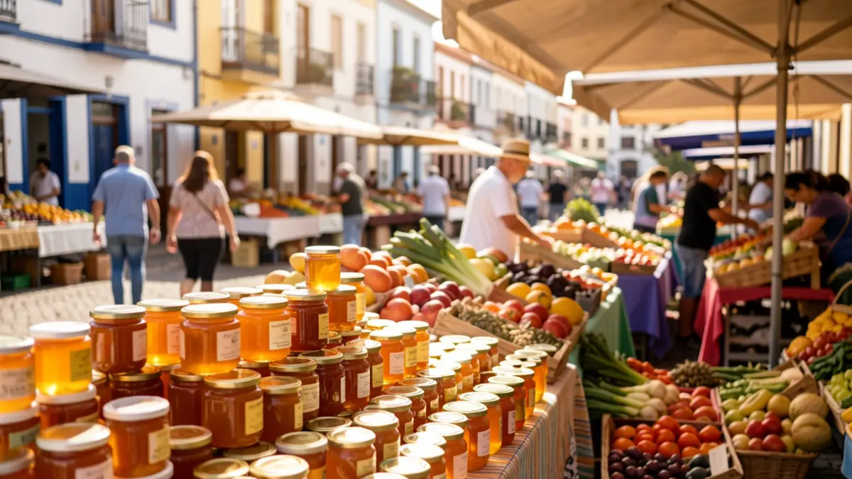 Imagen de la Feria de la Miel de Tenerife en La Orotava, con puestos de miel y productos locales.