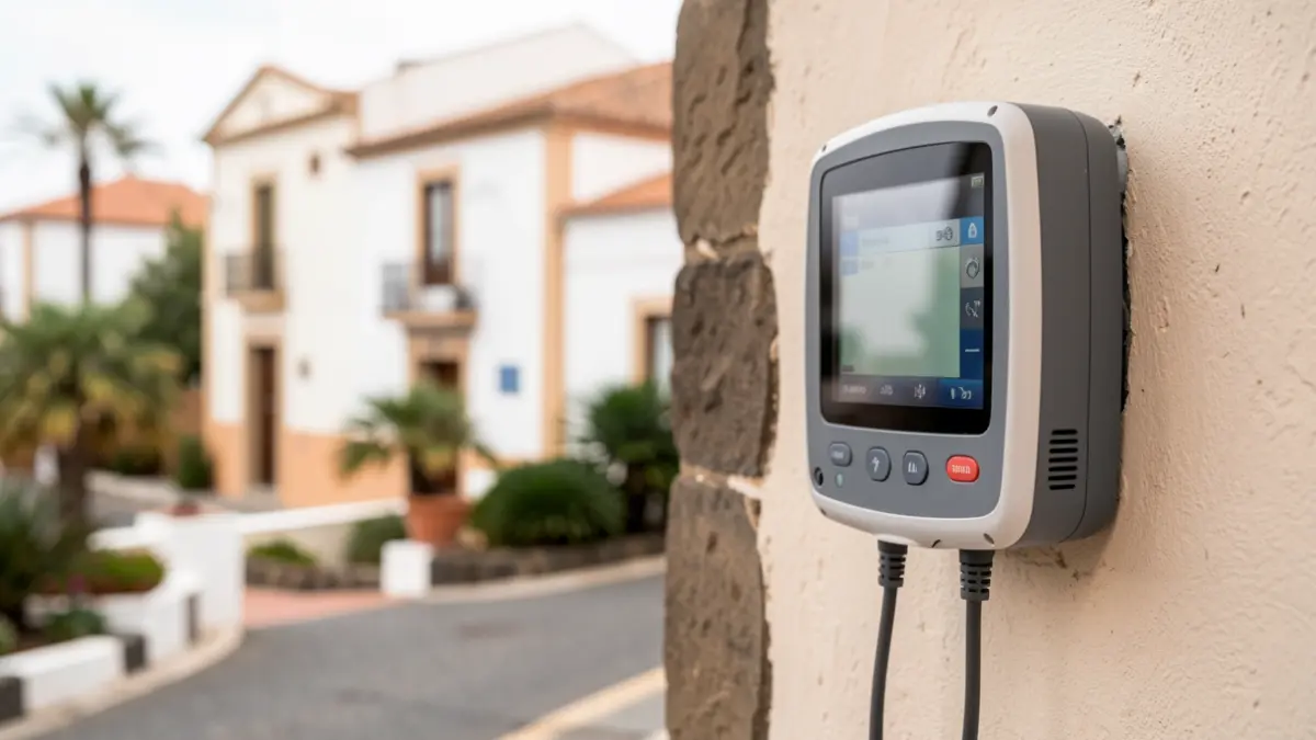 Defibrillator on a wall in a public building in La Orotava, with Canarian architecture in the background.