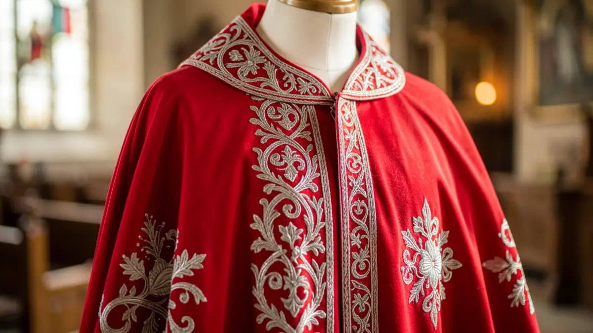 Detalle del Manto Rojo de la Virgen del Pino, con bordados plateados sobre tela de seda.