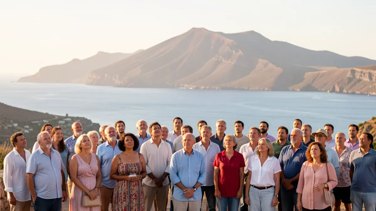 Imagen genérica de un grupo diverso de personas representando el crecimiento poblacional en las Islas Canarias, con un fondo estilizado del paisaje volcánico.