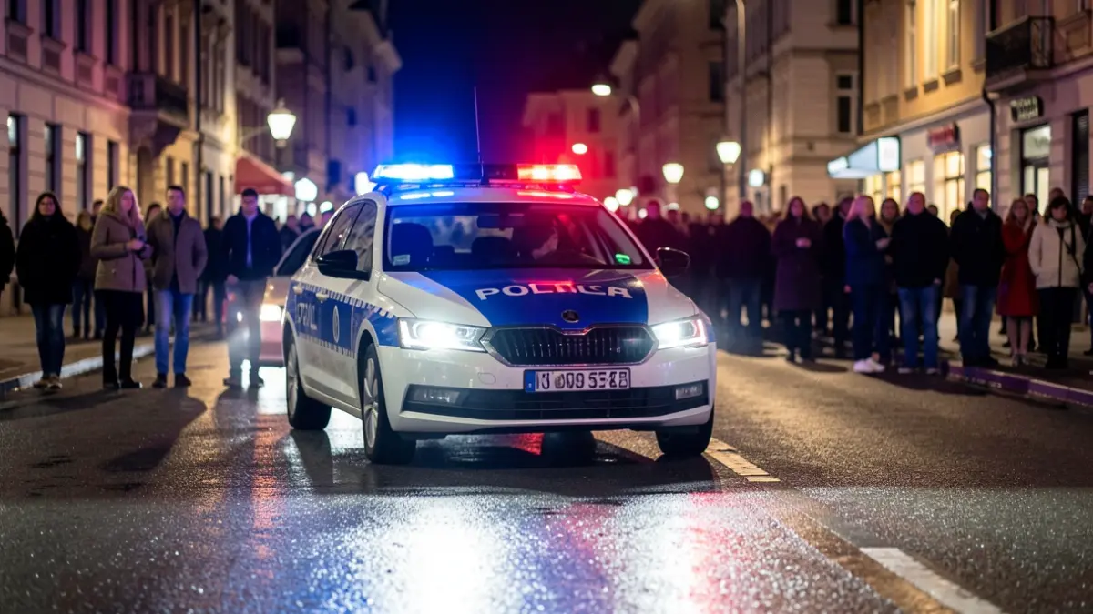 Generic image of police emergency lights reflecting on wet asphalt.