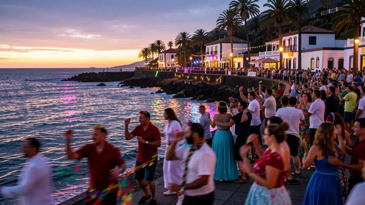 Generic image of a traditional Canarian festival by the sea at dusk, with lights and people dancing.