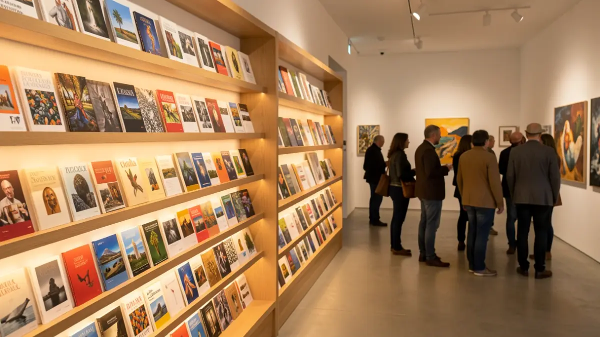 Imagen genérica de una sala de exposiciones de arte contemporáneo en Canarias con catálogos de exposiciones en estanterías.