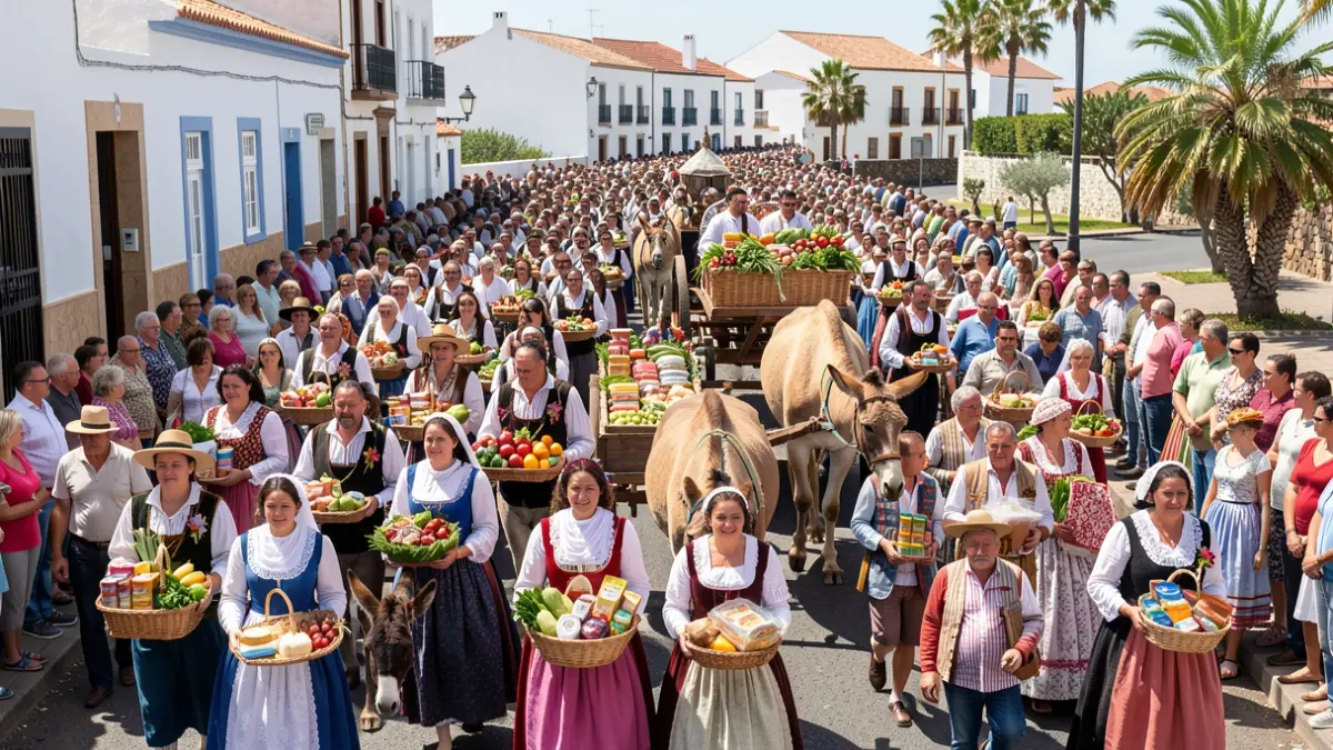 Imagen de la romería de Yaiza con cientos de participantes y ofrendas.