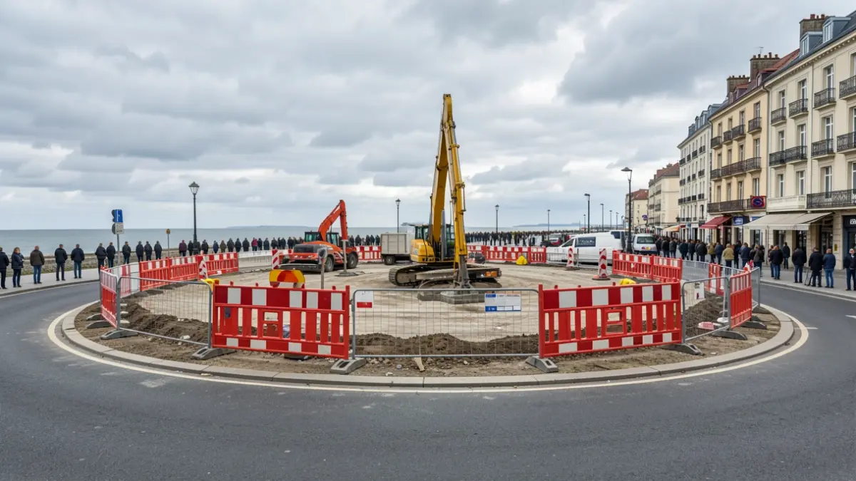 Generic image of construction works at an urban roundabout with machinery and barriers.