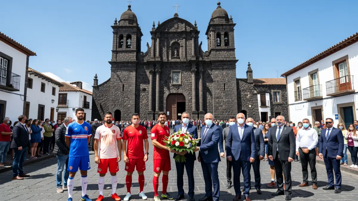 Floral offering by the UD Teror football team to the Virgen del Pino at the Basilica of Teror.