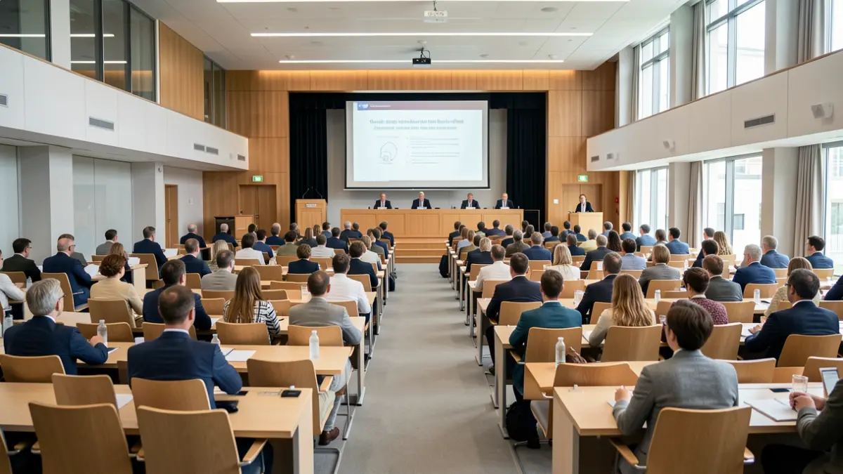 Imagen genérica de un aula universitaria moderna con asientos vacíos y un atril.