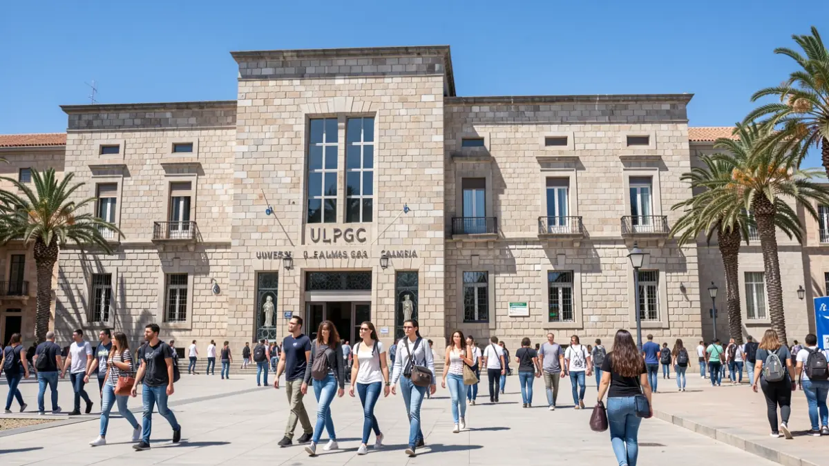 Fachada de la Universidad de Las Palmas de Gran Canaria (ULPGC) con estudiantes.