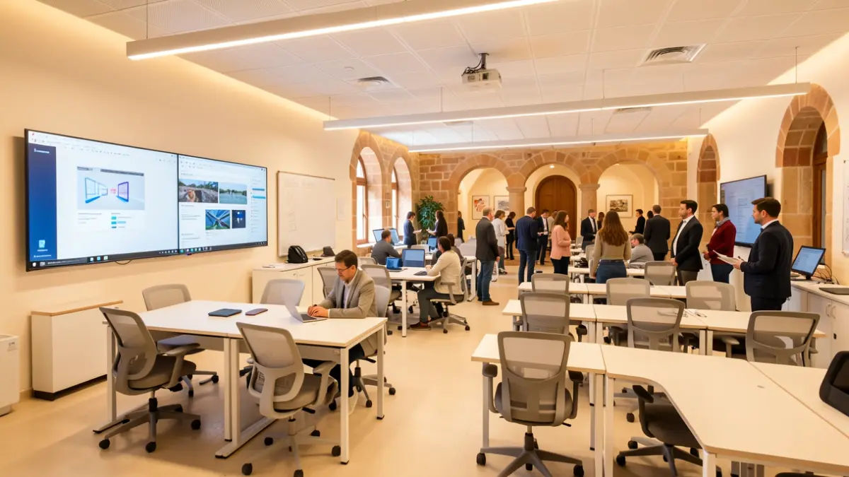 Imagen de un aula moderna y tecnológicamente equipada en la UNED de Lanzarote.