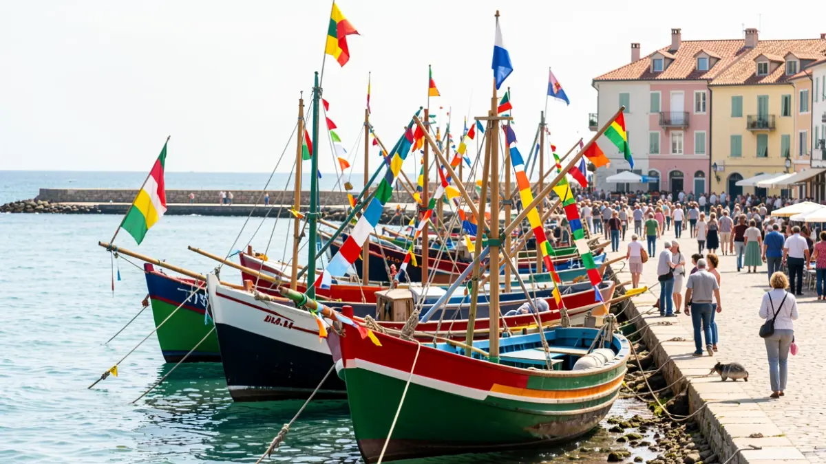 Decorated fishing boats and people gathered on the coast during the Vará del Pescao.