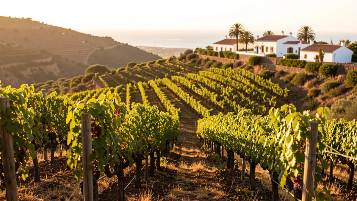 Vineyards in Agüimes, Gran Canaria, with the municipal winery in the background.