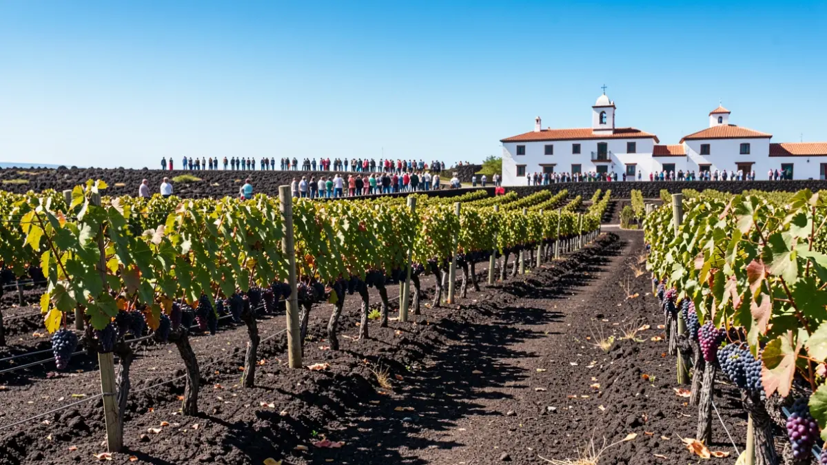 Viñedos volcánicos en Lanzarote durante la vendimia.
