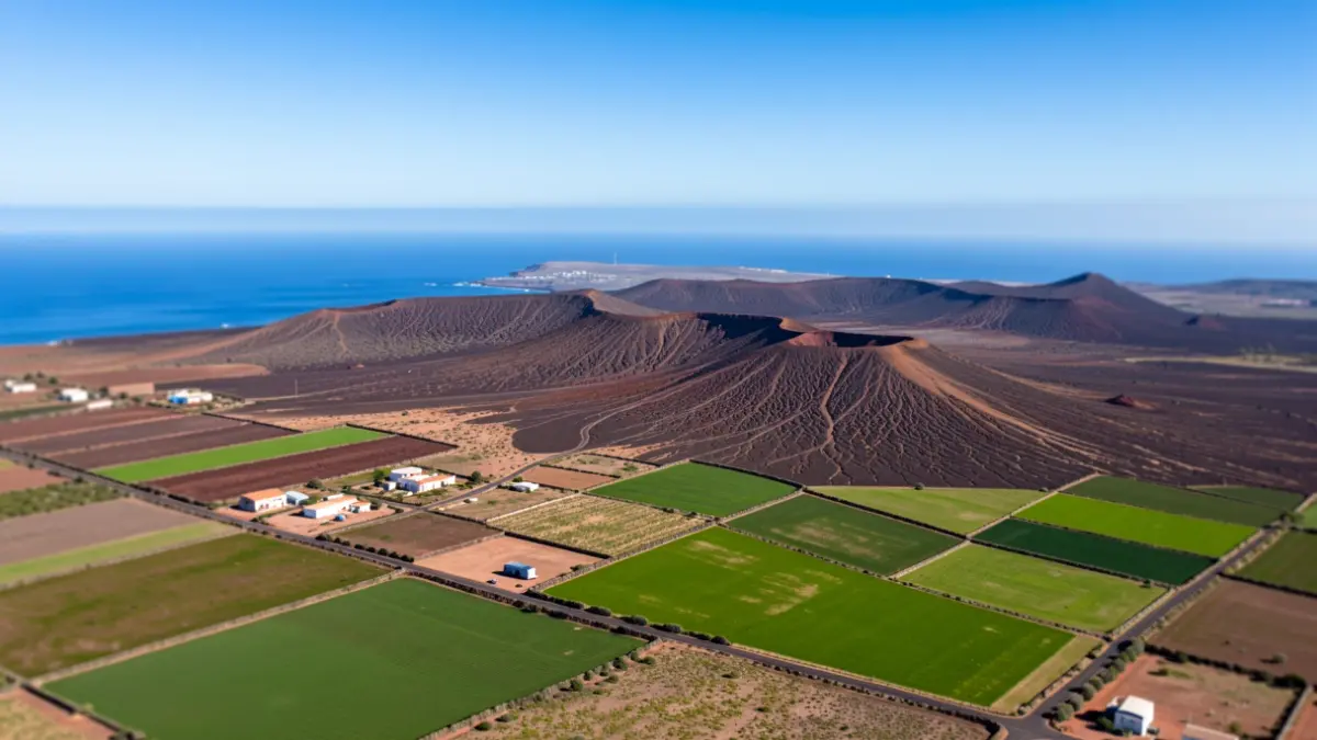 Aerial view of Lanzarote's volcanic landscape with green agricultural plots and coastal areas.