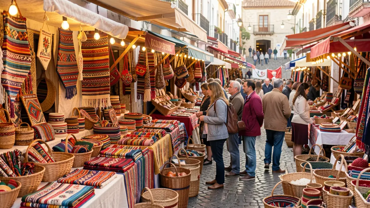 Image of the Lanzarote Insular Craft Fair with craft stalls and cultural elements from Uruguay.