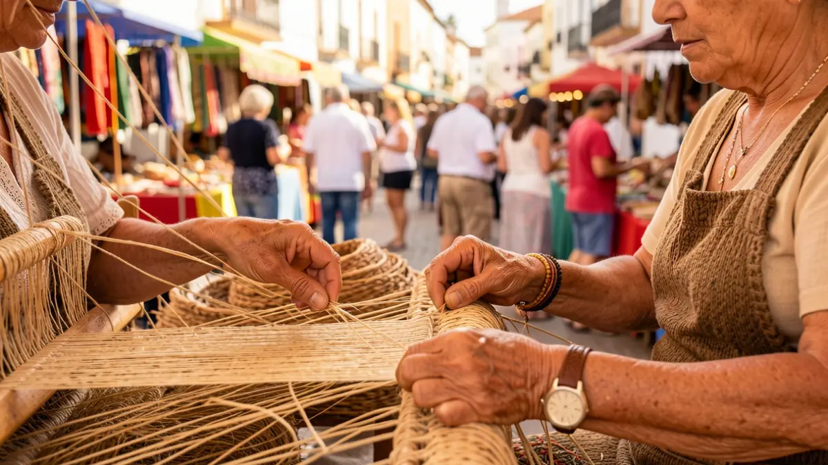 Lanzarote artisan weaving with plant fibers at a craft fair.