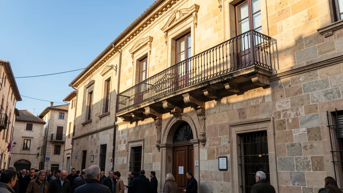 Facade of a traditional stone town hall with balcony and iron railings, warm afternoon sunlight casting shadows on the sandstone walls, blue sky.