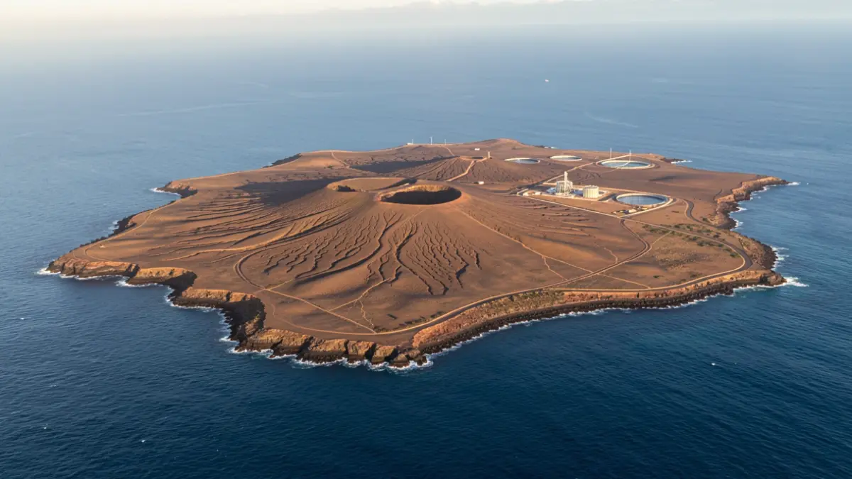 Vista aérea de la isla de Lanzarote, destacando su paisaje volcánico y costa.