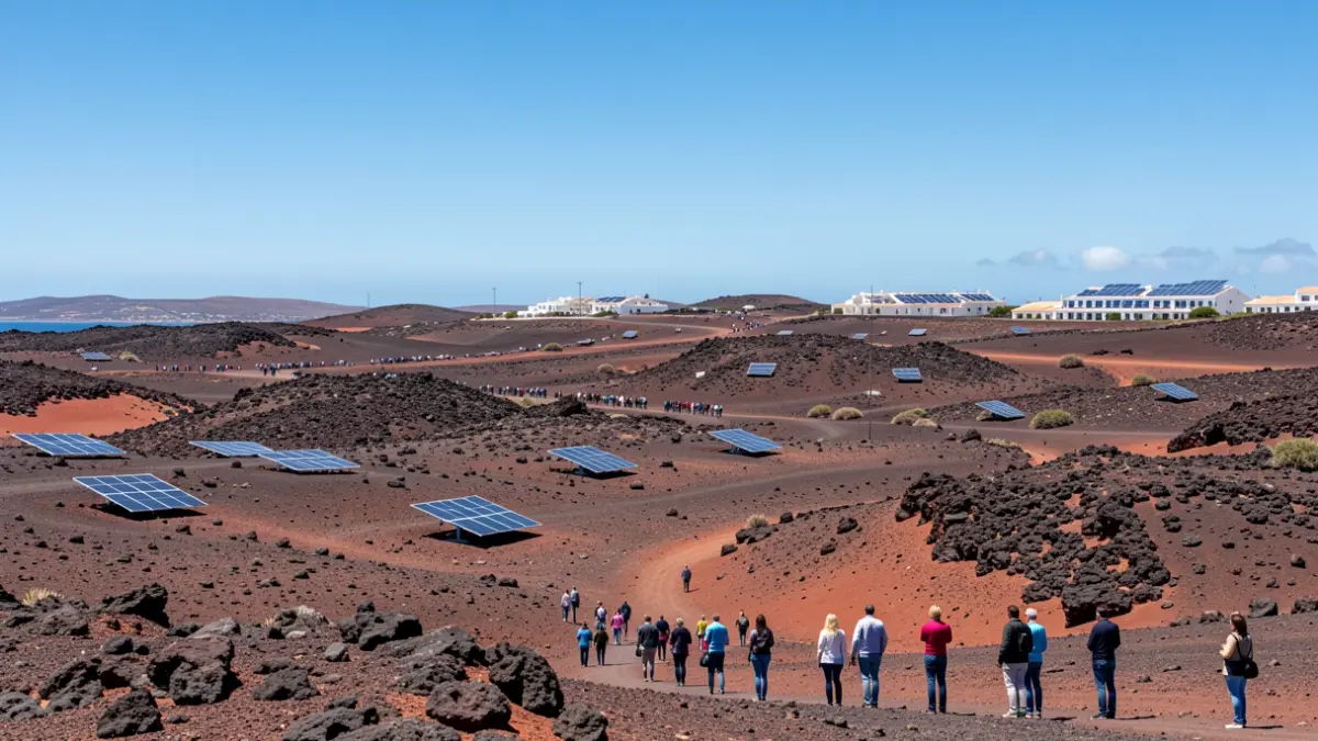 Image of the renewable energy proposal in Lanzarote, integrating solar panels on rooftops and degraded areas of the volcanic landscape.