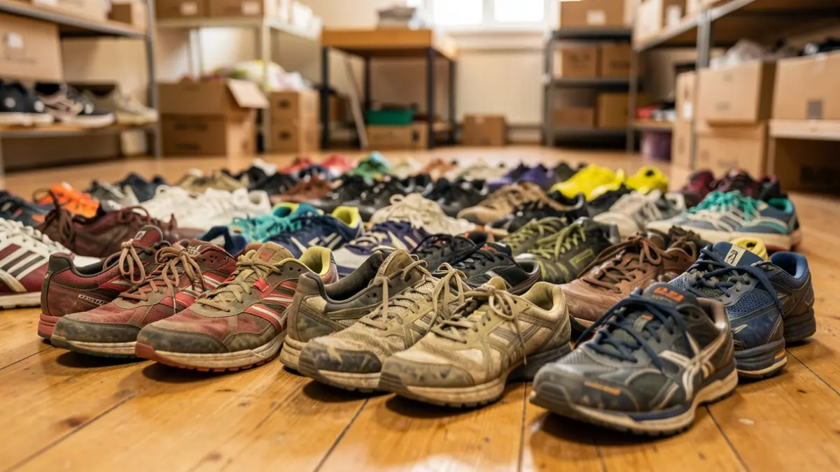 Imagen genérica de zapatillas deportivas usadas apiladas para su donación.