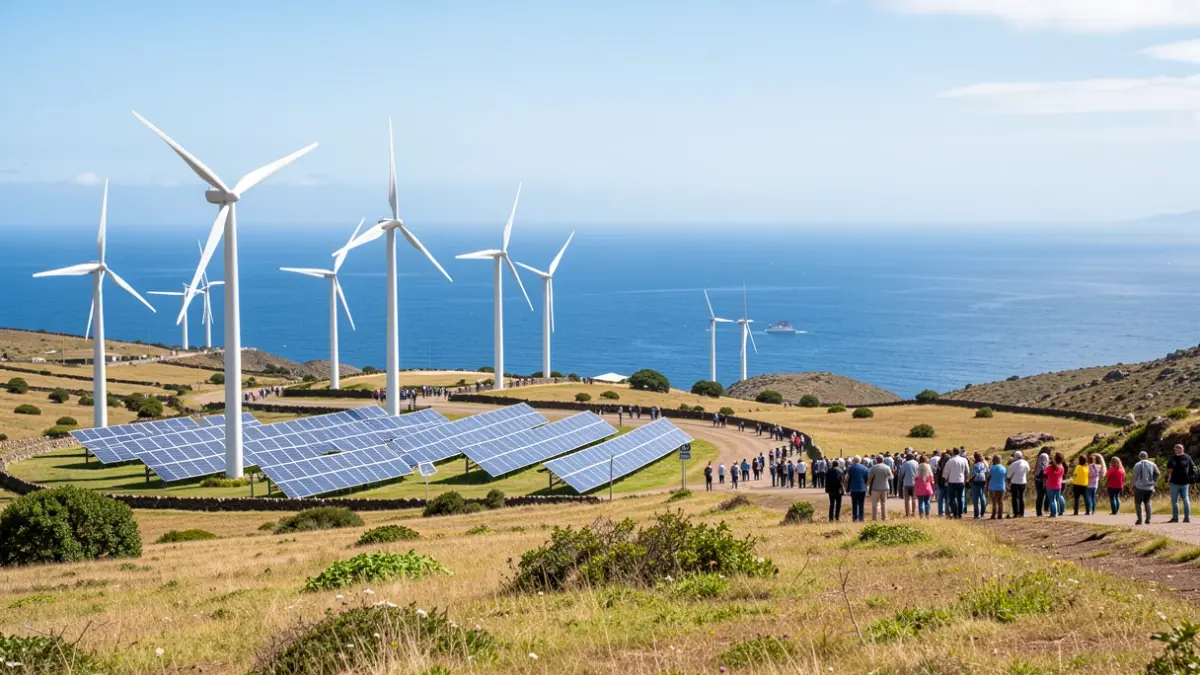 Generic image of wind turbines and solar panels in a rural Canary Islands landscape.
