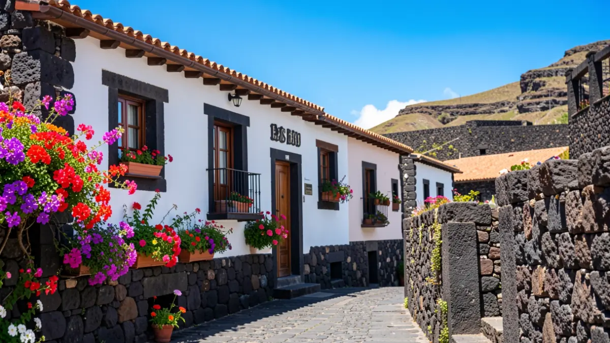 Generic image of traditional architecture in Las Hayas, La Gomera, featuring flowers and volcanic stone details.