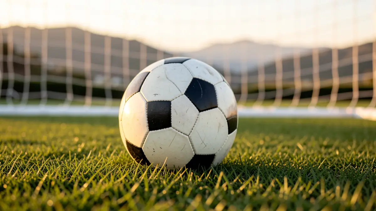 Generic image of a soccer ball on grass with a blurred goal net in the background.