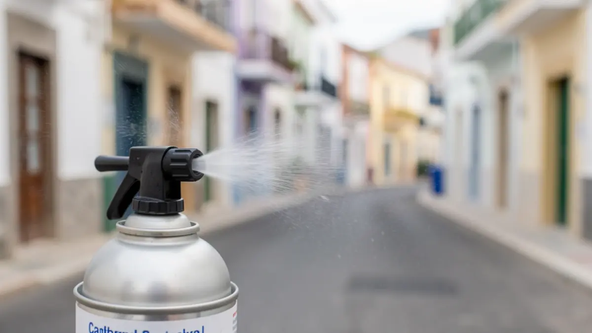 Close-up of a pest control spray nozzle releasing fine mist, with a blurred generic urban background from the Canary Islands.