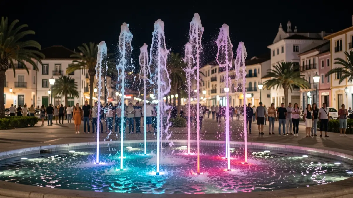 Image of a modern interactive fountain with water jets and colored lights at night in Las Palmas de Gran Canaria.