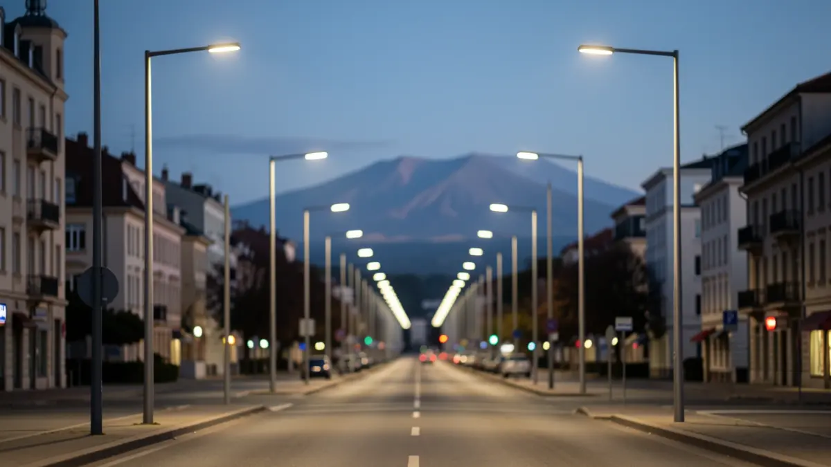 Generic image of an avenue illuminated with LED technology at dusk.