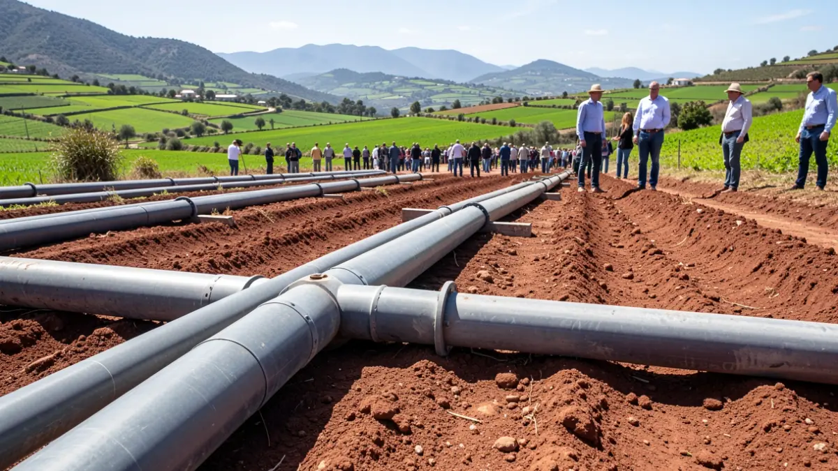 Imagen genérica de tuberías de saneamiento siendo instaladas en un paisaje de Canarias.