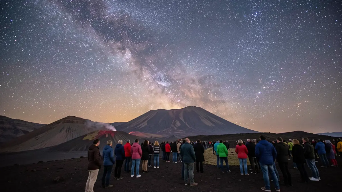 Cielo nocturno estrellado sobre un paisaje volcánico de Canarias.