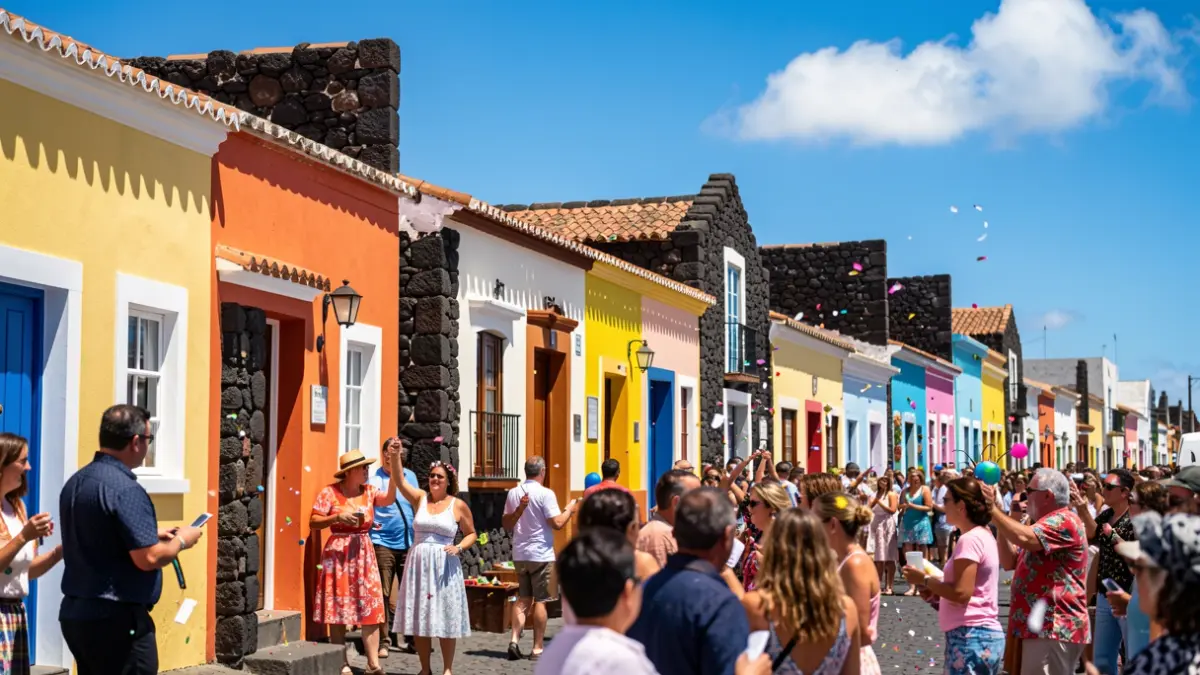 Imagen de las fiestas de Las Pocetas, Fuerteventura, con arquitectura tradicional y ambiente festivo.