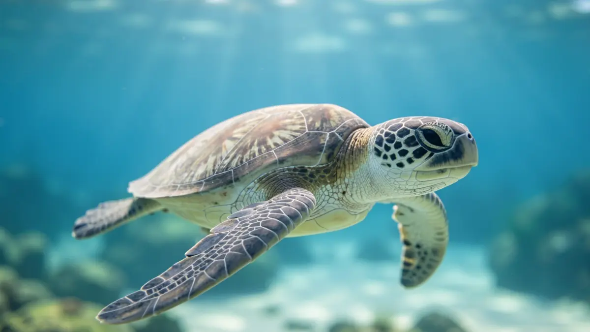 Tortuga boba juvenil nadando en aguas claras del océano.