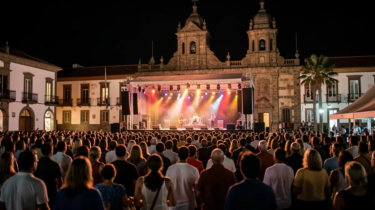 Imagen genérica de un concierto nocturno al aire libre frente a un ayuntamiento con público.